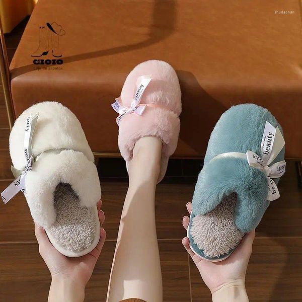 Pantofole Scarpe da casa in cotone per donna Solido femminile Autunno Inverno Bello da indossare con fiocco Caldo peluche lanoso