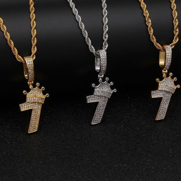 Glänzende Krone Nummer 7 Anhänger Halskette Charm mit Seilkette Iced Out Kubikzircon Hiphop Schmuck273m