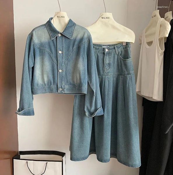 Vestidos de trabalho feminino duas peças saia jeans conjunto senhora primavera outono manga longa turn down colarinho solto jaqueta curta uma linha