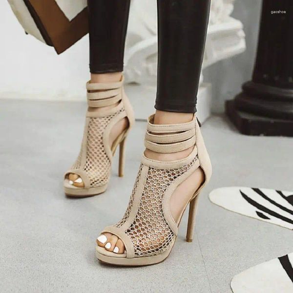 Sandalen QPLYXCO 2023 Zomer Peep Toe Vrouw Laarzen Hallow Uitgesneden Mesh Netto Sexy Platform Dunne Hoge Hakken Gladiator