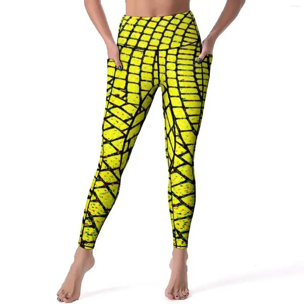 Женские леггинсы с геометрическим рисунком, сексуальные желтые кирпичные дороги с принтом для тренировок, штаны для йоги с высокой талией, эластичные спортивные колготки с карманами, леггинсы