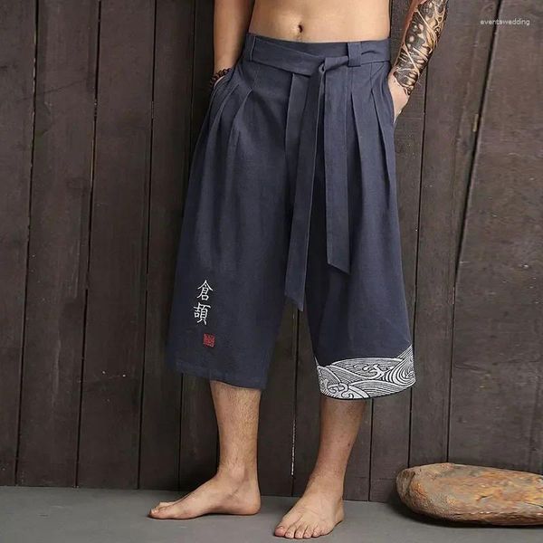 Shorts masculinos japonês quimono tradicional calças de praia roupas asiáticas banho casual solto yukata linho cortado