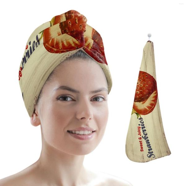 Asciugamano Frutta Fragola Grano di legno Retro Donna Adulto Assorbente Doccia ad asciugatura rapida Berretto per capelli lunghi Testa in microfibra