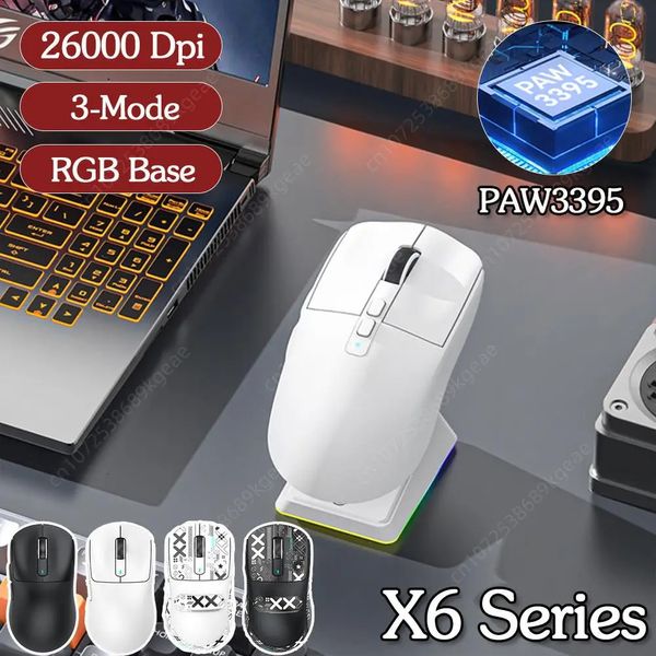 Ratos ataque tubarão x6 2 4g receptor óptico mouse sem fio jogos 26000dpi paw3395 bluetooth compatível para macbook portátil 231216