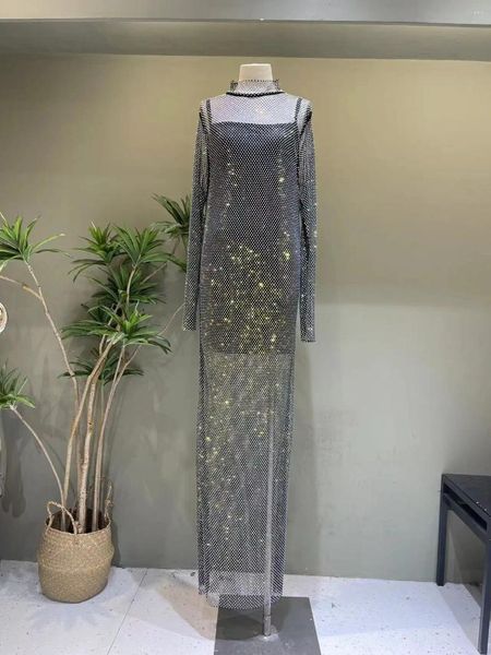 Повседневные платья H80S90 Сексуальное прозрачное платье со стразами Club Crystal Glitter Party Diamond Mesh High Neck Long Sleeve Dress Swim Beachwear