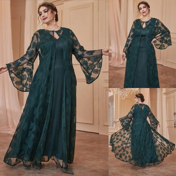 Elegante renda mãe da noiva vestidos com mangas compridas jaqueta vestido de convidado de casamento até o chão uma linha plus size vestidos de noite