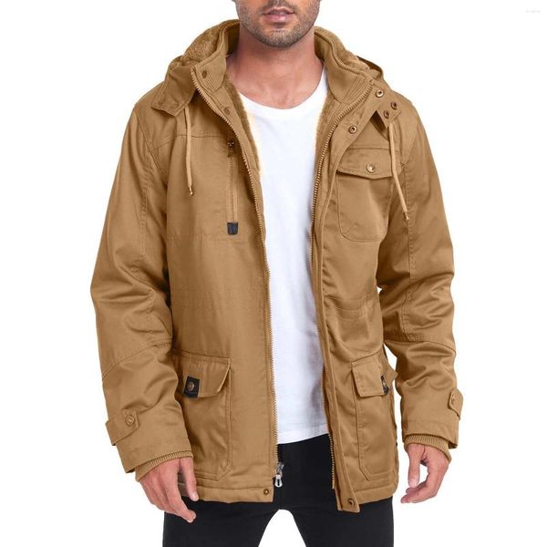 Jaqueta masculina de inverno com forro de lã, capuz removível e grosso, casaco de trabalho com bolsos cargo