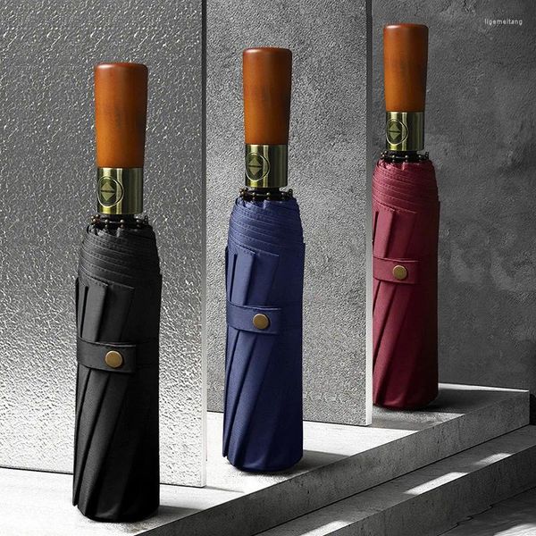 Guarda-chuvas luxo madeira sólida estilo de negócios automático dobrável chuva guarda-sol anti-uv guarda-chuva lidar com cola preta revestimento grande