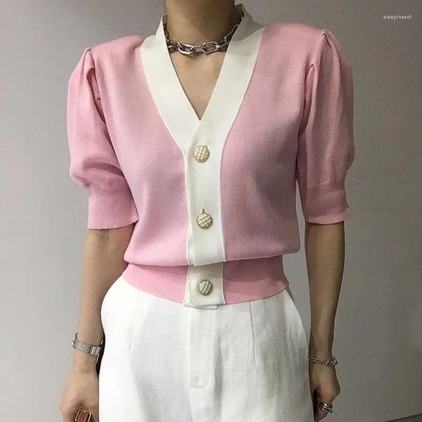 Malhas femininas roupas coreanas roupas suéter chique de listra elegante slim luxo feminino casual feminino com trespassado com peito único