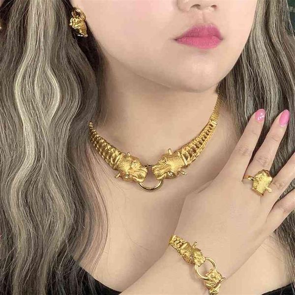 ANIID Dubai Gold Schmuck Sets Für Frauen Große Tier Indischen Schmuck Afrikanischen Designer Halskette Ring Ohrring Hochzeit Accessories225Y