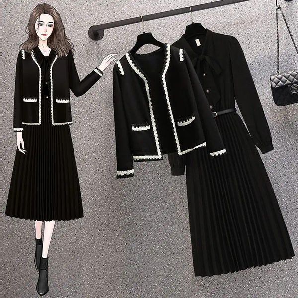 Arbeitskleider für Damen, Frühling und Herbst, passendes Set, koreanische elegante schwarze Strickjacke, Mantel, langärmeliges Kleid, zweiteiliger weiblicher Anzug