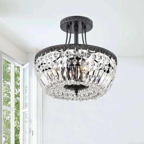 Lustres A Loja de Iluminação Jessica Crystal Basket 3-Light Antique Black Flush Mount Chandelier Luzes de Teto