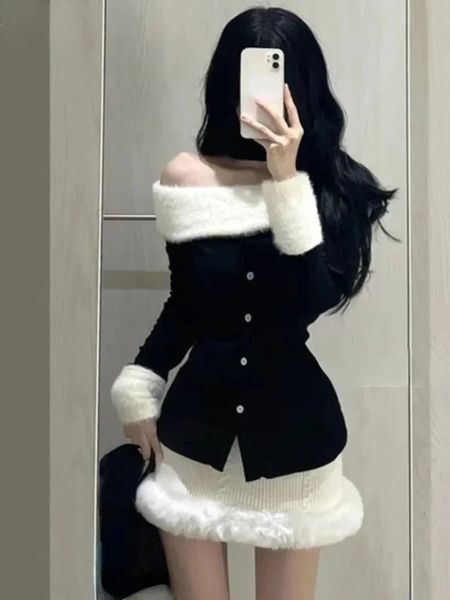 Duas peças vestido menina pura sexy terno mulheres outono inverno fora do ombro halter pescoço de manga comprida top cintura alta mini saia conjunto de duas peças 231216