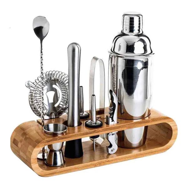 Barwerkzeuge Edelstahl Bars Barware Cocktail Shaker Set mit Bambusstand Jigger Spoon Tong Barkeeper Kit Whiskey Wein gemischtes Getränk 231216