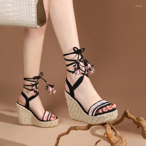 Sandali Drop Retro Etnico Croce Stringata Fiore Tacchi alti Zeppa Piattaforma Altezza Scarpe taglie forti da donna 3346