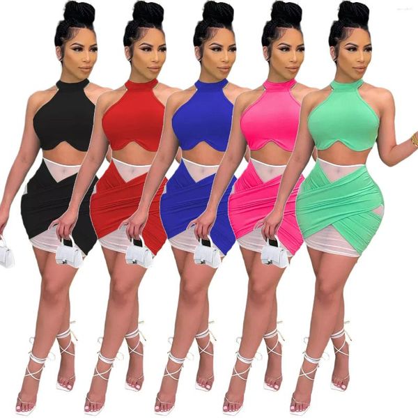 Vestidos de trabalho Adogirl Mulheres Verão Duas Peças Vestido Set Halter Racerback Tank Crop Top Sheer Malha Patchwork Cross Bodycon Mini Saia Terno