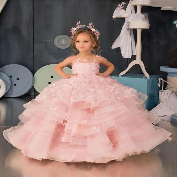 Платья для девочек, розовое платье с цветочным узором, пышное платье без рукавов, милая принцесса для свадьбы, дня рождения, первого причастия
