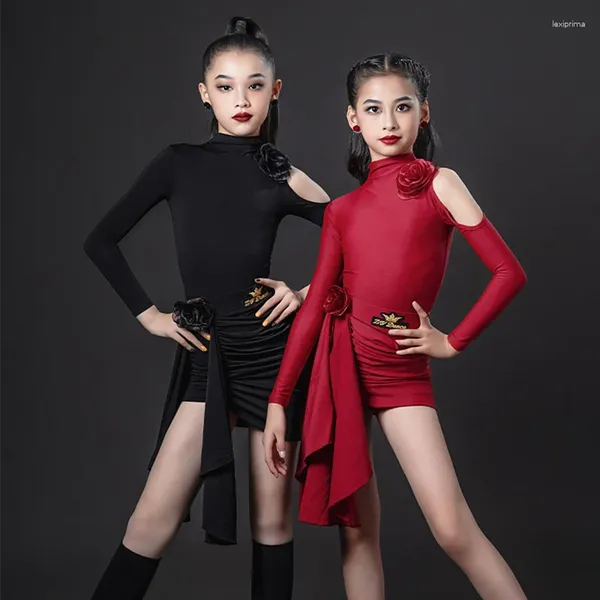 Сценическая одежда для девочек, красный, черный, с открытыми плечами, костюм для латинских танцев, боди, юбка, детские платья для соревнований ChaCha Samba VDB7170