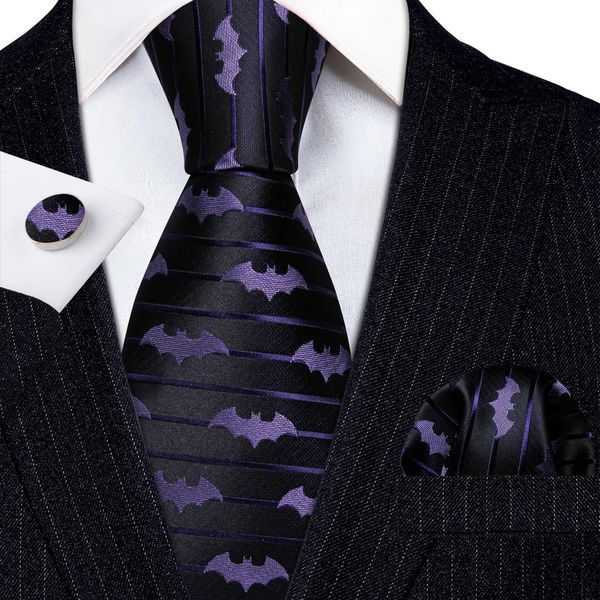 Gravatas BarryWang Roxo Silk Bat Gravata para Homens Novidade Animal Black Stripe Ncektie Bolso Quadrado Abotoaduras Conjunto Festa de Casamento FA6210 231216