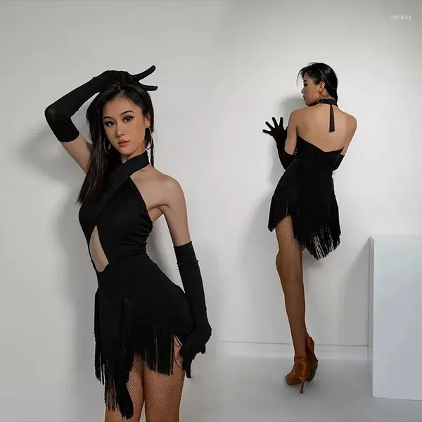 Sahne Giyim Seksi Sırtsız Çapraz Latin Dans Elbisesi Kadın Sikir Etek Eldiven Balo Salonu Kostümleri Kırmızı Siyah Beyaz