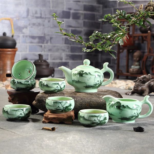 Бокалы для вина Традиционный китайский чайный набор Лунцюань кунг-фу Чайник ручной работы из цвета селадона с пейзажным дизайном лотоса Чайные чашки Подарочные 9 шт. в 231216