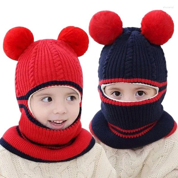 Berets Winter Baby Haarball Maske Schal Wollmütze Nette Jungen Mädchen Ohren Schutz Kappe Kinder Outdoor Plüsch Gepolsterte Warme gestrickte Hüte