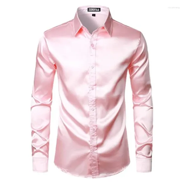 Camisas casuais masculinas 2023 rosa seda cetim vestido de luxo camisa homens marca magro manga longa smoking masculino casamento clube festa dança baile camisas