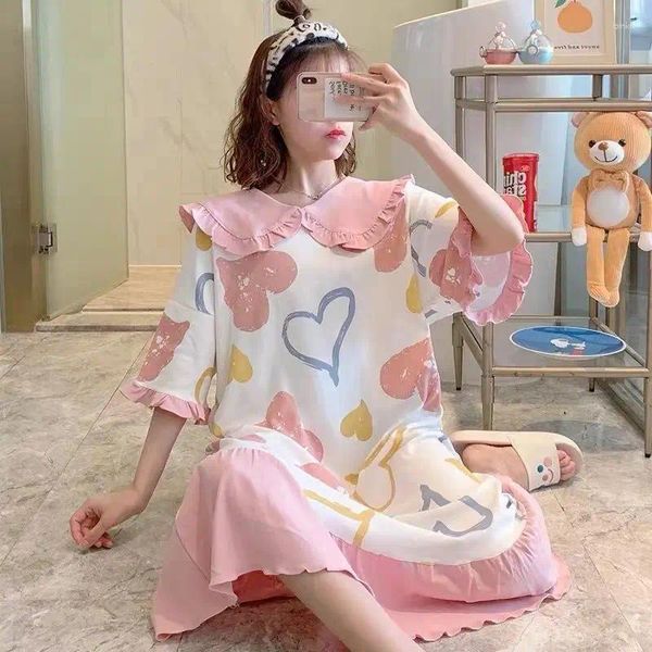 Damen-Nachtwäsche, kurzärmeliges Nachthemd, Frühling und Herbst, süßer Umstandspyjama, Korea-Druck, mittellange Heimkleidung, Sommerkleid-Pyjama