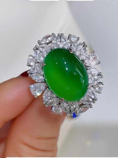 Anéis de cluster gelado pombo brasileiro ovo verde jade calcedônia anel de luxo compara jadeite 925 prata pura alta fluorescência jóias de casamento