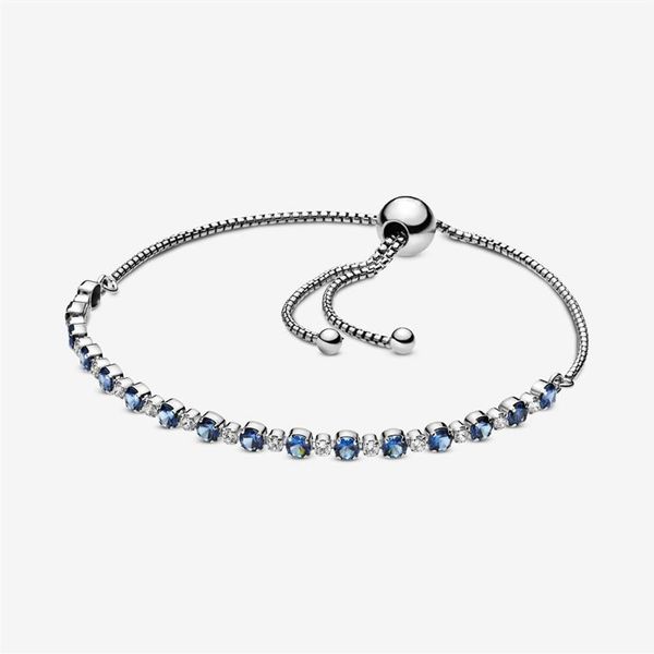 Blue and Clear Sparkle Slider Link Bracelet 100% 925 Sterling Silver Adjustable Cubic Zirconia Chain for Women Fashion Wedding Eng279R