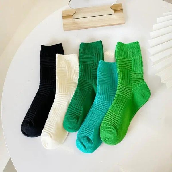 Damensocken, grün, mittlere Röhre, einfaches Liniendesign, einfarbig, Flor, Frühling und Herbst, All-Match, süß