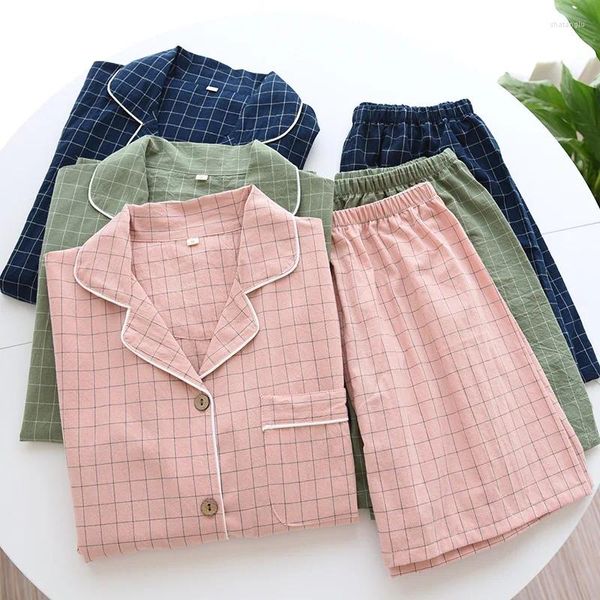 Damen-Nachtwäsche 2023 Sommer-Baumwoll-Plaid-Pyjama-Set Kurzarm-Top für Männer und Frauen Shorts Home-Kleidung dünne lose zweiteilige