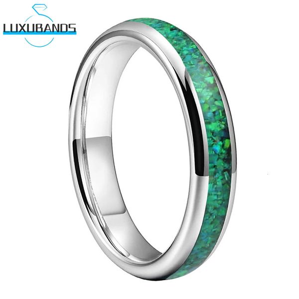 Anéis de banda Anel de casamento de tungstênio feminino 4mm verde opala incrustação preto noivado banda polida acabamento de alta qualidade conforto ajuste 231218