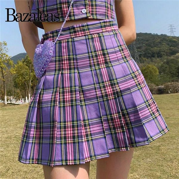 Kleider Bazaleas Sexy Tartan Lila Hohe Taille Röcke Damen Haruku Rock Karierte Faltenröcke Modischer Minirock Lässig