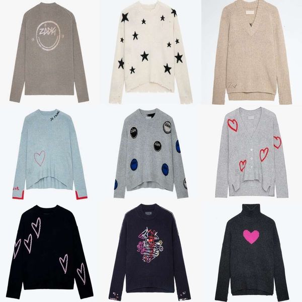 24ss New Zadig Voltaire Mulheres Designer Sweater Jackets Versátil Clássico Quente Malha Artesanal Crochê Bordado Lã Solta Moda Senhora Moletom Tendência Tops