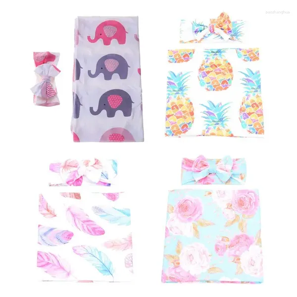 Cobertores 2 pcs crianças pequenas desenhos animados impresso cobertor enrolado toalha com arco-nó faixa de cabelo conjunto para bebês bebês chuveiro presentes
