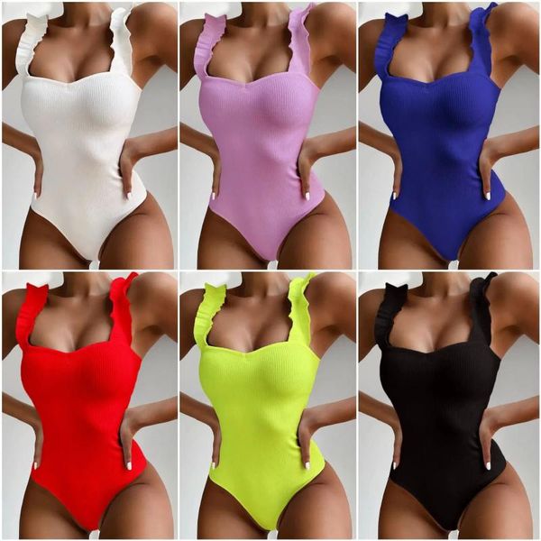 Yoga roupa 2023 sexy feminino maiô vintage uma peça babados push up sólido vermelho swimwear mulheres monokini acolchoado trajes de banho