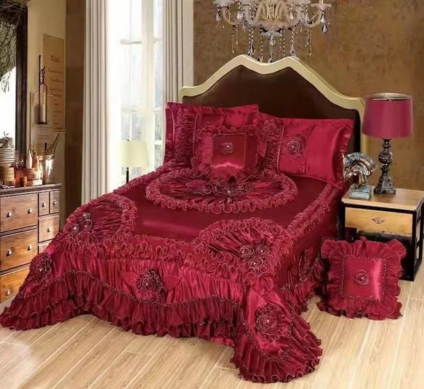 Yatak Seti Lüks Şampanya Düğün Tarzı Jacquard Stereoskopik Dantel Yatak Yatağı Etek Yatak Shett Lonet Yatak Kapağı Set Yastık Çıkarları 231218