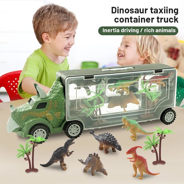 Carro elétrico RC Crianças Dinossauro Transporte Brinquedos Grande Caminhão Inercial Puxar Para Trás Veículo Animal Retorno Gaiola Jogo Presentes de Feriado 231218