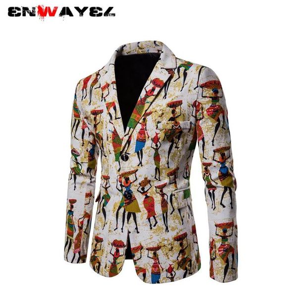 Blazers enwayel 2019 primavera outono nova impressão fino ajuste masculino blazer áfrica estilo nacional algodão masculino terno jaqueta casaco roupas vintage x05