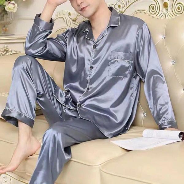 Homens sleepwear homens pijama conjunto de lapela de cetim com camisa de manga comprida calças largas para outono primavera de duas peças