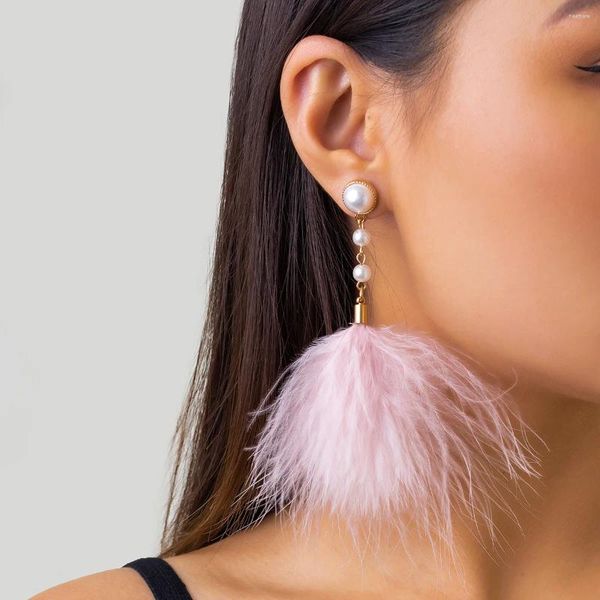 Baumeln Ohrringe Frauen Lange Quaste Flauschigen Feder Anhänger Tropfen Elegante Boho Imitation Perle Ohrring Partei Schmuck