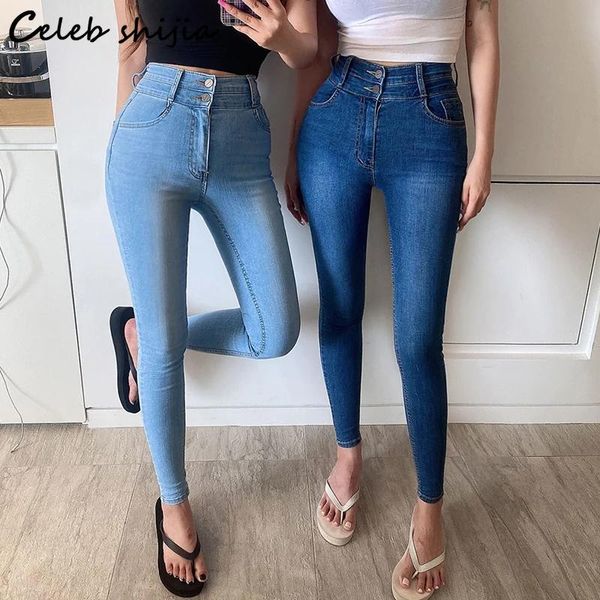 Jeans Shijia Jeans skinny da donna in denim elastico azzurro a vita alta con doppio bottone sul fondo Pantaloni a matita alla moda coreana Mom Jeans Street