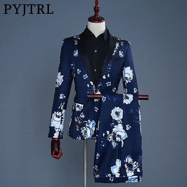 Blazers pyjtrl marca 2018 maré masculino azul marinho estampa floral moda casual ternos mais recentes casaco calça projetos casamento noivo traje de palco