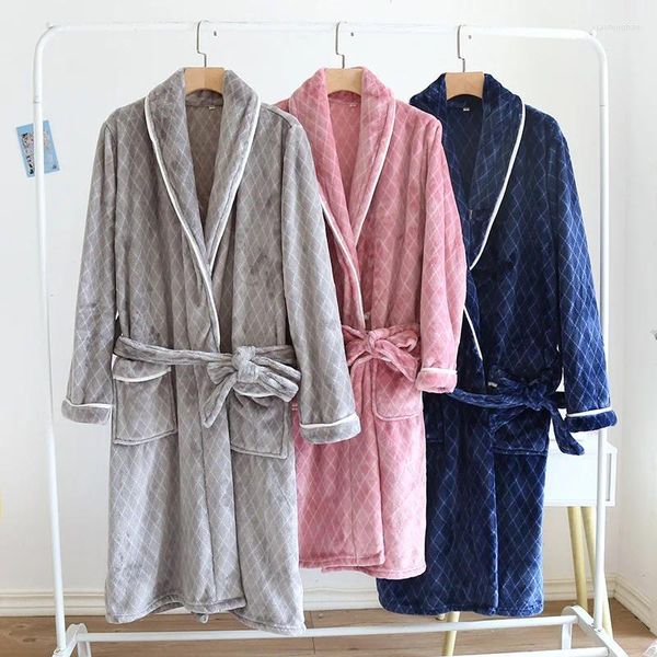 Damen-Nachtwäsche, Paar-Flanell-Pyjama, Diamant-kariertes Nachthemd, Winter, verdickte Wärme, weiche Schnürung, Homewear, lockerer, lässiger Bademantel