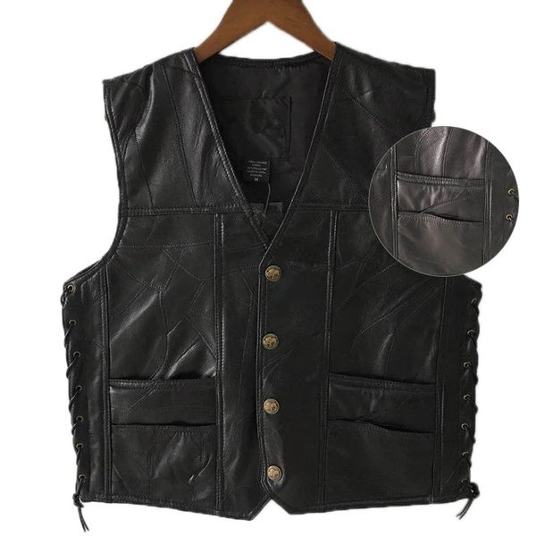 Gilet da uomo Gilet in pelle nera con scollo a V Gilet retrò con lavorazione Steampunk Abbigliamento moto per uomo Matrimonio 231218