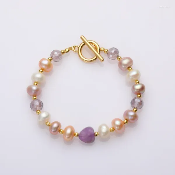 Braccialetti con ciondoli Bracciale con perle in pietra naturale viola a forma di cuore Braccialetti con gioielli di lusso in acciaio inossidabile moda donna