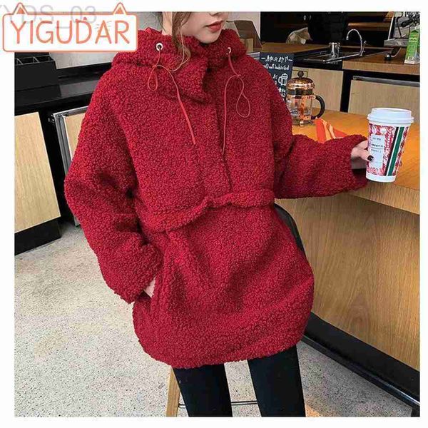 Umstandspullover Herbst Winter Umstandskleidung Lammwollpullover 2023 Neu Lose Koreanische Retro Mittellang Plüsch Verdicktes Kapuzenoberteil Damenzln231218