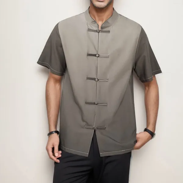 Camisas casuais masculinas Mens Stand Collar Camisa Manga Curta Gradiente Patchwork Solto Túnica Cor Sólida Terno Chinês Roupas Diárias