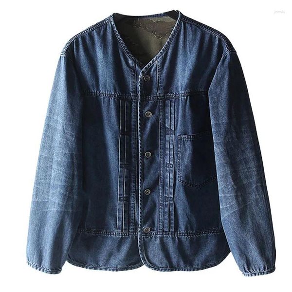 Herrenjacken Vintage gewaschene Denim-Jacke mit V-Ausschnitt, lässiger kragenloser Jeansmantel im japanischen Stil, Top für Männer